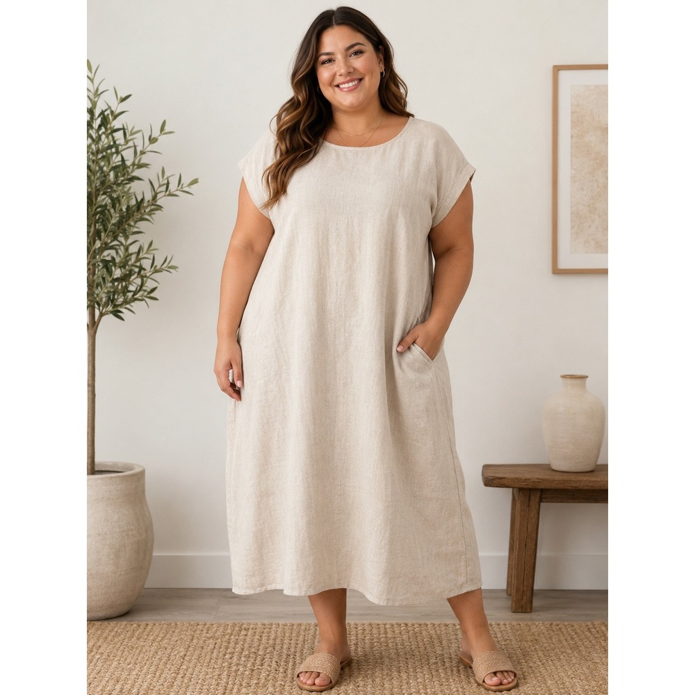 Umgee Linen Blend Midi Dress Oatmeal Beige Short Sleeve Pocket Shift Dress Large